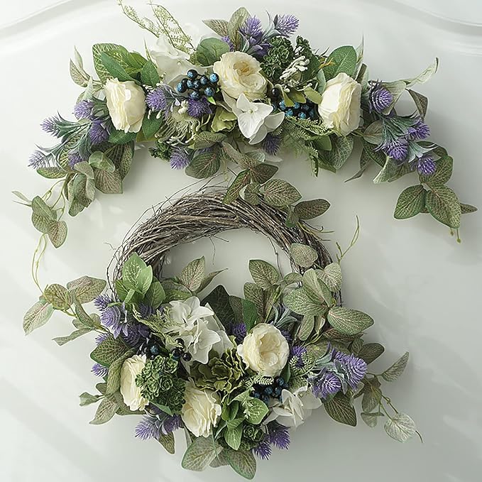 28in Artificial Rose Hydrangea Swag for Lintel,Faux White Penoy Swag Wedding Arch Flowers with Eucalyptus Leaves Blueberry,Rustic Floral Swag for Home Room Garden Front Door Party Decor