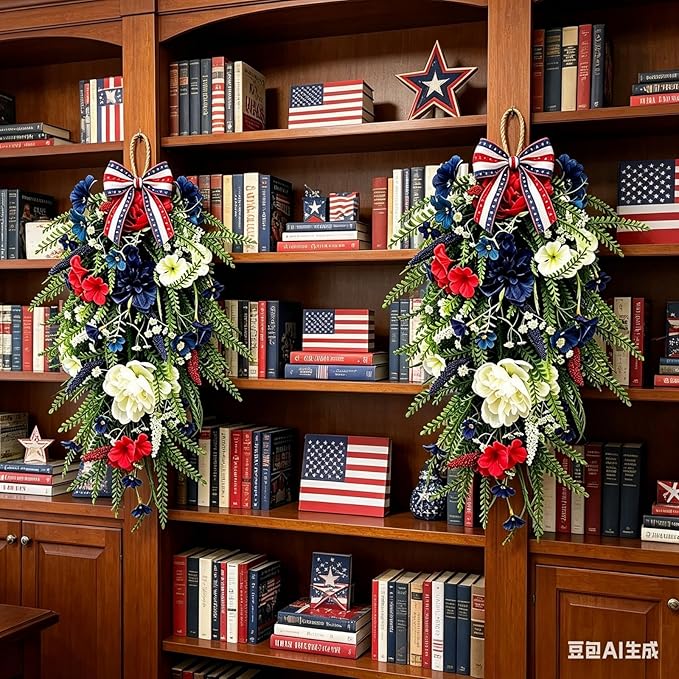 2 Pack 21'' Patriotic 4th of July Teardrop Swag Wreaths Independence Day Patriotic Floral Swag with Artificial Flowers and Fern Leaves Hanging Wreath for Double Front Doors Porch Window Wall Farmhouse