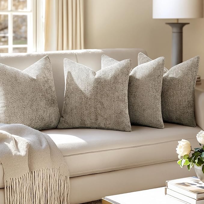 MIULEE Pack of 4 Couch Throw Pillow Covers 22x22 Inch Khaki Soft Decorative Chenille Pillow Covers Farmhouse Accent Cushion Covers for Boho Home Decor Sofa Bedroom Living Room