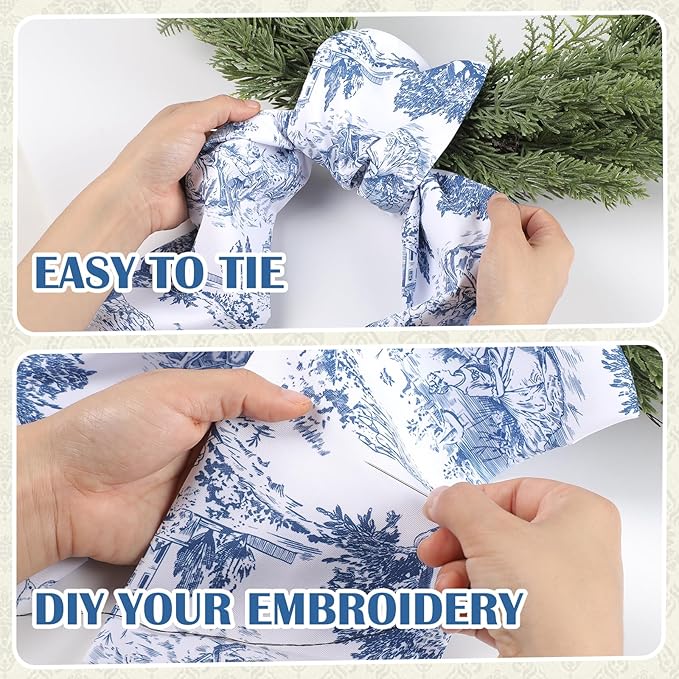 Blue French Toile Sash for Wreaths - 2 Pcs Rustic Wreath Sashes for Front Door Kitchen Cabinet, Wreath Sash for Monogram Embroidery Farmhouse Home Decor