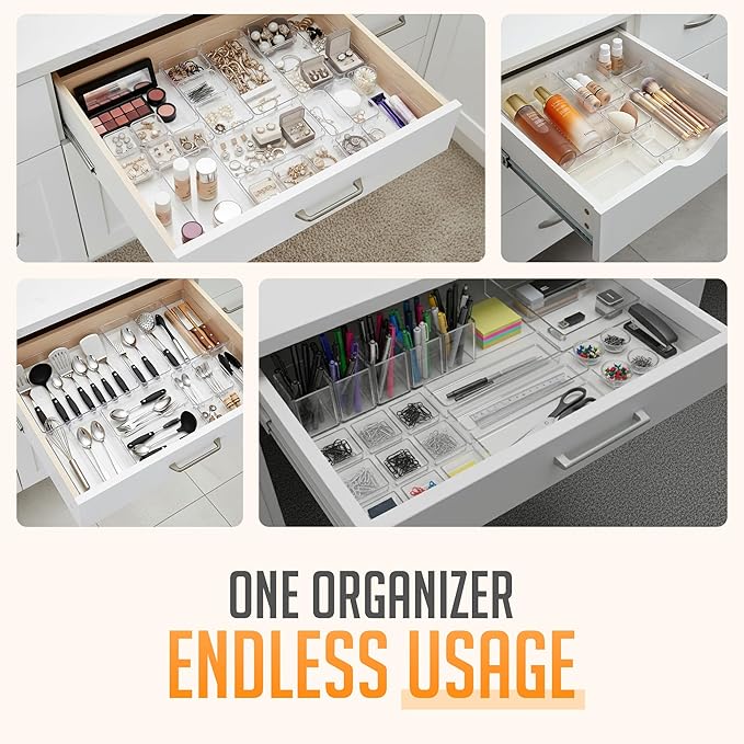 Masirs Clear Drawer Organizers Set 25 PCS – Plastic Storage Bins for Desk, Kitchen, Bathroom, Vanity – Modular, Stackable, Non-Slip Drawer Organizer Trays for Makeup, Utensils, Office Supplies