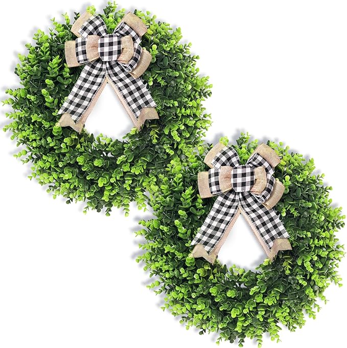 Set of 2, 20‘’ Boxwood Wreath for Front Door, Porch, Window - Foldable Greenery Boxwood Wreaths for Farmhouse Wedding Indoor Outdoor Decor - Spring, Summer, Fall, All Seasons (with Bow)