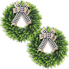 Set of 2, 20‘’ Boxwood Wreath for Front Door, Porch, Window - Foldable Greenery Boxwood Wreaths for Farmhouse Wedding Indoor Outdoor Decor - Spring, Summer, Fall, All Seasons (with Bow)