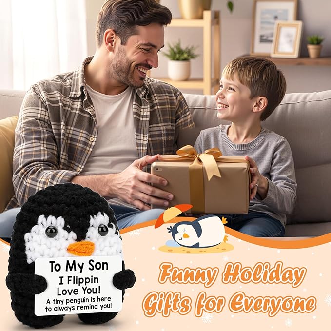 Belatelove Son Gifts from Mom Dad, Handmade Crochet Mini Penguin Mother Day Birthday Gift for Son Teen Bonus Step, to My Son Gifts for Birthday, Funny I Love You Fathers Day Easter Decor