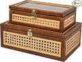 DECOR4SEASON Rattan and Cane Display Boxes with Glass Lid - Set of 2 Stackable Storage Organizers with Snag-Free Solid Wood Base - Rustic Farmhouse Decor for Jewelry, Remotes, and Keepsakes,Brown