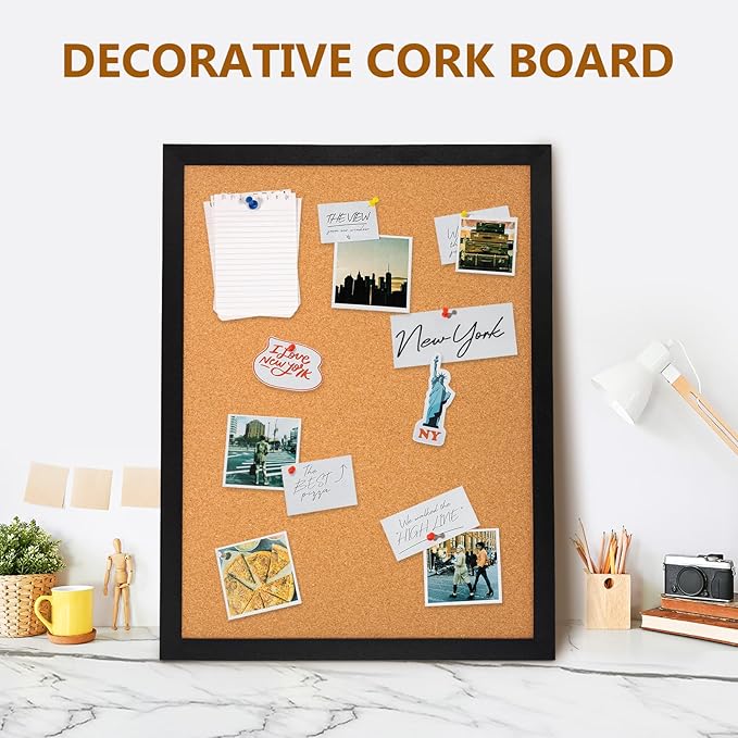 DOLLAR BOSS Cork Board for Wall 24" x 18" Bulletin Board for Wall with Black Wood Frame, Picture Display Pin Broad Vision Board for Office Home School Room Decorative Hanging 10 Pushpins
