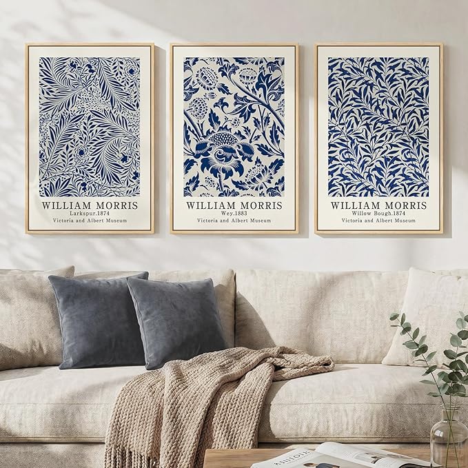 Framed Large William Morris Wall Art Set of 3, Vintage Blue Botanical Floral Canvas Wall Decor Painting, Farmhouse Aesthetic Artwork Prints for Living Room, Bedroom, Hallway, Office, Total Size 30x60