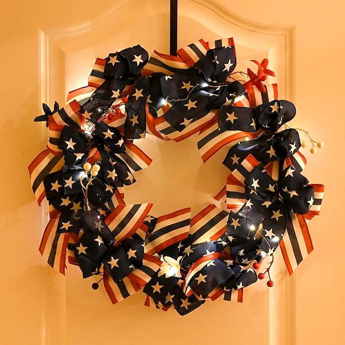 DecorbyHannah Patriotic Wreath for Front Door, 24 inch Large 4th of July Wreaths with Lights, Collapsible Red White Blue Burlap Bow Farmhouse Wreath Decorations for USA 250th Holiday