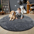 OLANLY Grey Round Rugs for Bedroom - Machine Washable, 6 ft Circle Area Rugs for Living Room, Soft and Fluffy Shaggy Carpet for Teen Girls and Boys, Nursery Rooms, Dorms, Home Decor Aesthetic