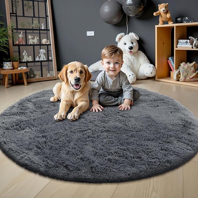 OLANLY Grey Round Rugs for Bedroom - Machine Washable, 4 ft Circle Area Rugs for Living Room, Soft and Fluffy Shaggy Carpet for Teen Girls and Boys, Nursery Rooms, Dorms, Home Decor Aesthetic