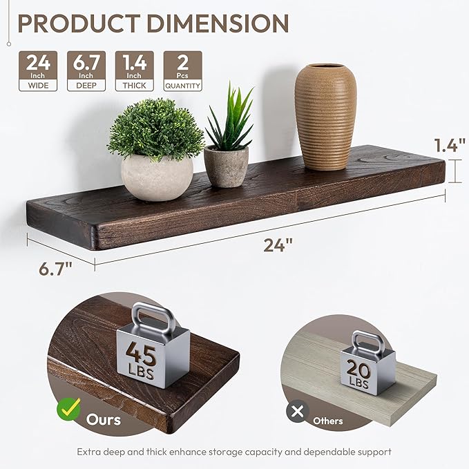 Marsmiles 24 inch Floating Shelves for Wall Solid Elm Wood Shelves|Rustic Wall Mounted Shelves with Heavy-Duty Invisible Bracket for Bathroom Living Room Kitchen|Rounded Edge Design|Walnut, 2 Pack