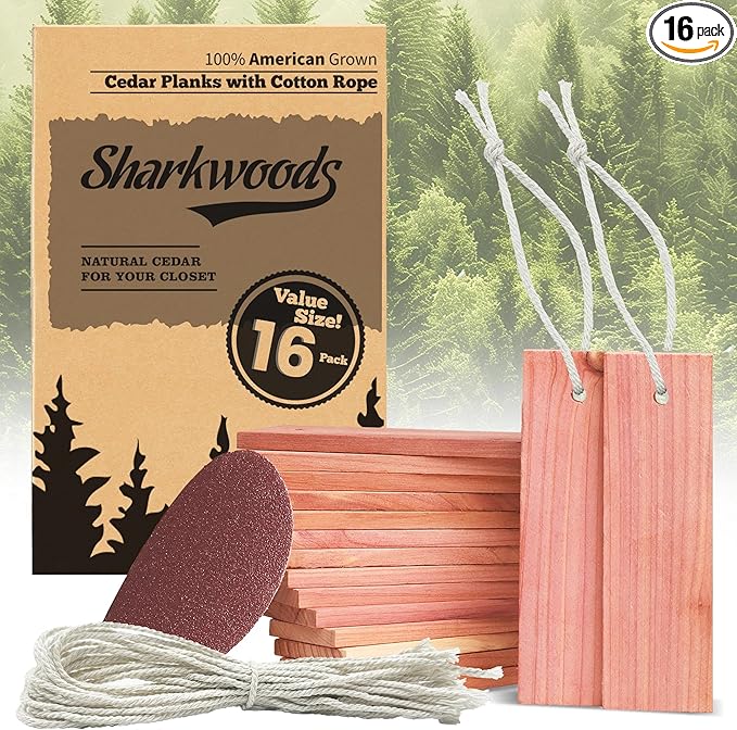 Cedar Blocks for Clothes Storage - 16 Pack Red Cedar Planks, 100% Natural Aromatic Cedarwood with Cotton Rope and Sandpaper for Closets & Drawers Freshener