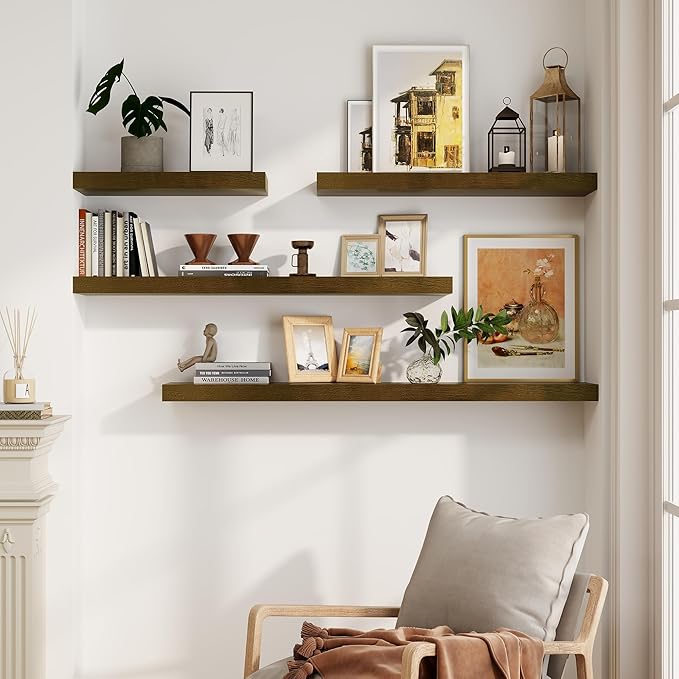 Solid Wood Floating Shelves For Wall, 24”W x 9”D x 1.56”H Large Wall Shelves for Living Room Bedroom Bathroom Kitchen Drcor Storage with Invisible Heavy-Duty Metal Bracket, Light Brown, Set of 2