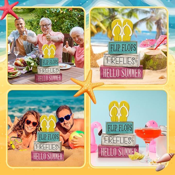 Yuntau 4 Pcs Summer Table Decorations Wooden Sign Flip Flops Table Centerpiece Summer Tiered Tray Decor Decorative Faux Book Stack Block for Coffee Fireplace Mantel Floating Shelf Hawaii