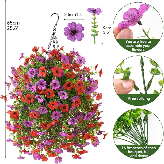 INQCMY Artificial Hanging Flowers with Basket for Spring Outdoor Decoration 3 Bunches of Silk Daisy Flower Uv Resistant for Garden Porch Patio Balcony Yard Decor (Red Purple)