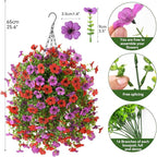INQCMY Artificial Hanging Flowers with Basket for Spring Outdoor Decoration 3 Bunches of Silk Daisy Flower Uv Resistant for Garden Porch Patio Balcony Yard Decor (Red Purple)