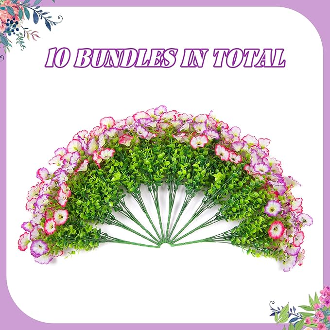 Artificial Flowers for Outdoor Spring Summer Decoration, 10 Bundles Fake Plastic Flower Plant, Faux Colorful Silk Morning Glory Eucalyptus for Outside Garden Porch Front Door Decor, Pink