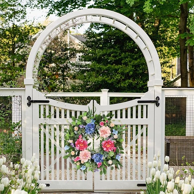 24 Inch Spring Wreaths for Front Door, Artificial Front Door Wreath with Daisy Peony Hydrangea Eucalyptus Green Leaves, Outside Floral Wreath for Home Porch, Home Decor for Indoor Outdoor Window Wall