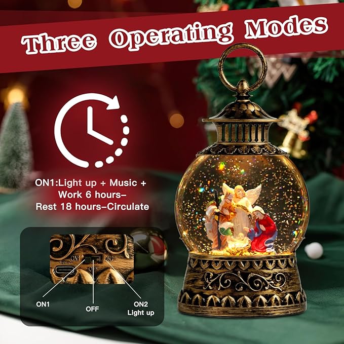 Christmas Nativity Snow Globe, Nativity Musical Snow Globe Lantern Lights with 6H Timer Battery & USB Powered, Retro Style Holiday Glitter Globe for Xmas Home Decoration Holiday Party Gifts