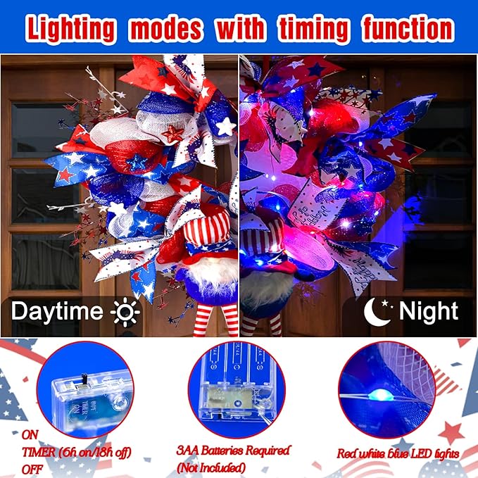 Lighted Up 4th of July Wreaths with Bow, Red White and Blue Mesh Artificial Wreath, American Flag Patriotic Gnome Wreath Decor for Independence Day Front Door Farmhouse Home Wall