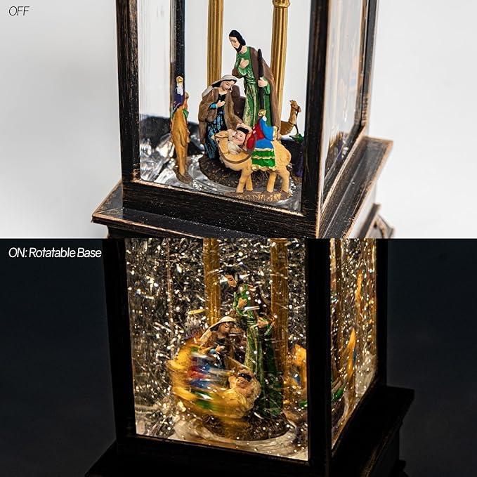 12" Christmas Snow Globe Lantern with Nativity - Water Swirling Glitter LED Light Lantern with Music - Vintage Xmas Gifts - USB Plug or Battery Operated Home Decor (Nativity)