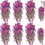 Artificial Hanging Flowers for Outdoors, 6 PCS Silk Morning Glory Artificial Flowers with Eucalyptus Leaves, UV Resistant Fake Flower Realistic Faux Plants for Home Patio Porch Garden, Purple+Fuchsia