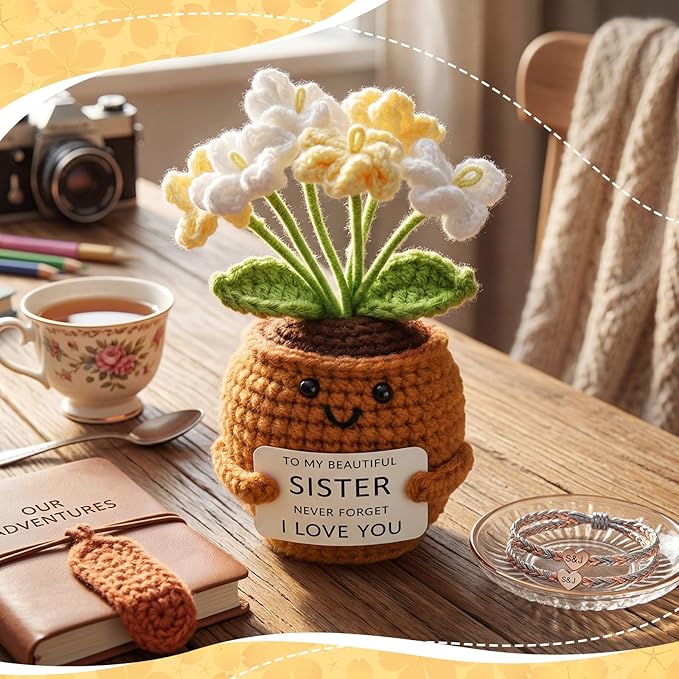 Wavwavw Sister Gifts Handmade Crochet Doll with Card Crochet Present for Sisters Sis Big Little Sister Birthday Wedding Home Decor(Yellow Myosotis)