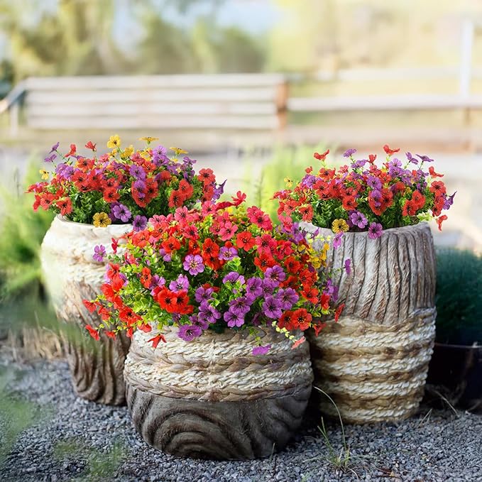 Artificial Fake Flowers for Outdoors Spring Decor, 12 Bundles Faux Silk Flowers Daisy Eucalyptus Plants UV Resisitant Colorful Artificial Flowers for Outside Planter Pots Front Porch Garden Patio