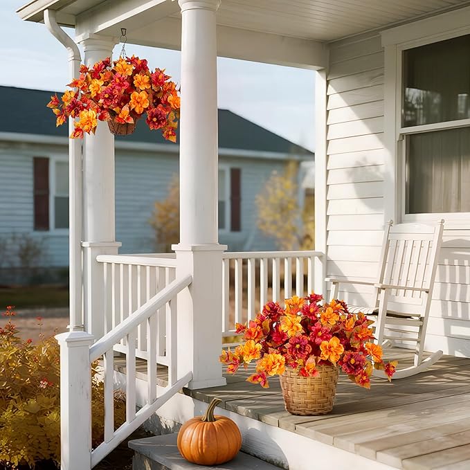 Fall Flowers Artificial for Outdoors Decoration, 2PCS Fake Fall Flowers for Outdoor Planters, Autumn Faux Hibiscus UV Resistant No Fade for Home Porch Patio Garden Balcony Yard Indoor Decor