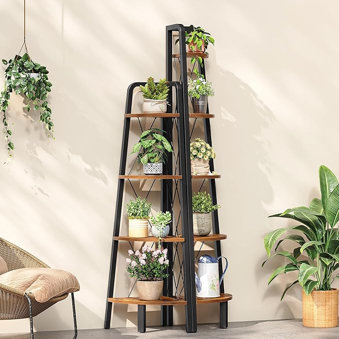 HOOBRO Corner Shelf, 5-Tier Corner Shelf Stand, 66.9” Tall Ladder Bookshelf, Industrial Corner Display Shelf Plant Stand for Living Room, Kitchen, Home Office, Rustic Brown BF145CJ01