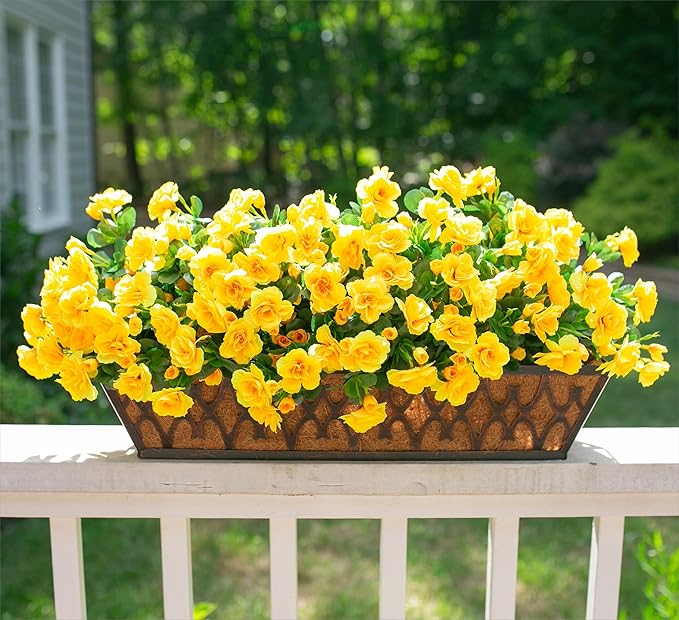 HyeFlora Artificial Fake Flowers Plants for Spring Outdoor Outside Decor, Faux Silk Yellow Camellia UV Resistant Realistic for Planter Front Door Porch Patio Balcony Decoration, 3 Large Bundles