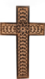 Samhita Mango Wood Wall Cross, Jesus Christ Floral Carving Family Cross Decor,Home Decoration (10" x 6" x 0.5")