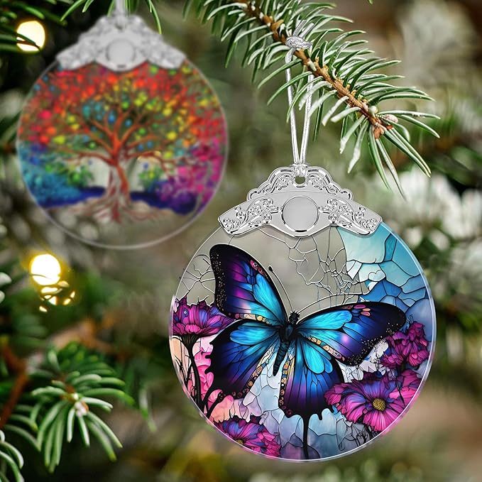 Stained Glass Suncatcher Ornament - Butterfly Christmas Decorations - Christmas Ornaments for Tree - Holiday Present Ideas - Gift Exchange