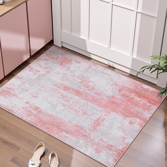 Ciicool Modern Abstract Area Rug, 2x3 Pink Grey Washable Small Entryway Rug, Low Pile Soft Non-Slip Kitchen Rug Thin Throw Rugs Room Mat Foldable Bathroom Rugs Non-Shedding Floor Carpet Indoor