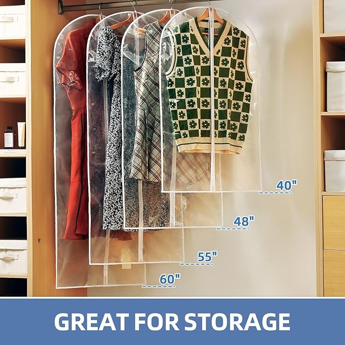 48" All Clear Garment Bags for Hanging Clothes, 5 Packs Suit Bags for Closet Storage, Plastic Waterproof Suit Cover Bags with Zipper for Coats, Jackets, Dresses (Set of 5)