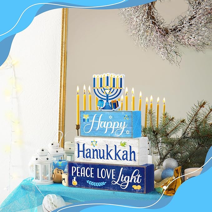 Moucuny 4 Pcs Hanukkah Decorations for Home Chanukah Table Decor Wooden Menorah Decoration Hanukkah Centerpiece Rustic Decorative Menorah Block Signs Gift Farmhouse Jewish New Year Decoration for Home