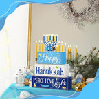 Moucuny 4 Pcs Hanukkah Decorations for Home Chanukah Table Decor Wooden Menorah Decoration Hanukkah Centerpiece Rustic Decorative Menorah Block Signs Gift Farmhouse Jewish New Year Decoration for Home