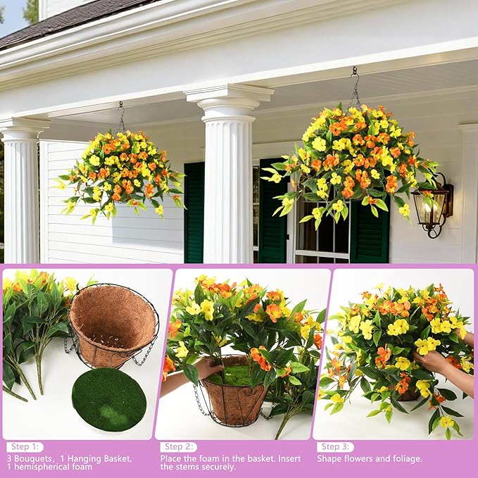 Artificial Fake Hanging Flowers Plants Basket for Outdoors Outside Decoration UV Resistant Faux Silk Flowers Look Real Plastic Flowers for Spring Planters Home Porch Patio Garden Decor