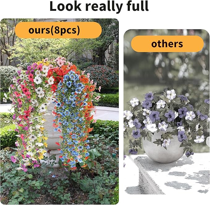 Artificial Hanging Flowers for Outdoors, 8 Pcs Fake Plant for Spring Summer Decoration, UV Resistant Realistic Silk Faux Flowers Outside Indoor Planter Porch Patio Balcony Yard Decor