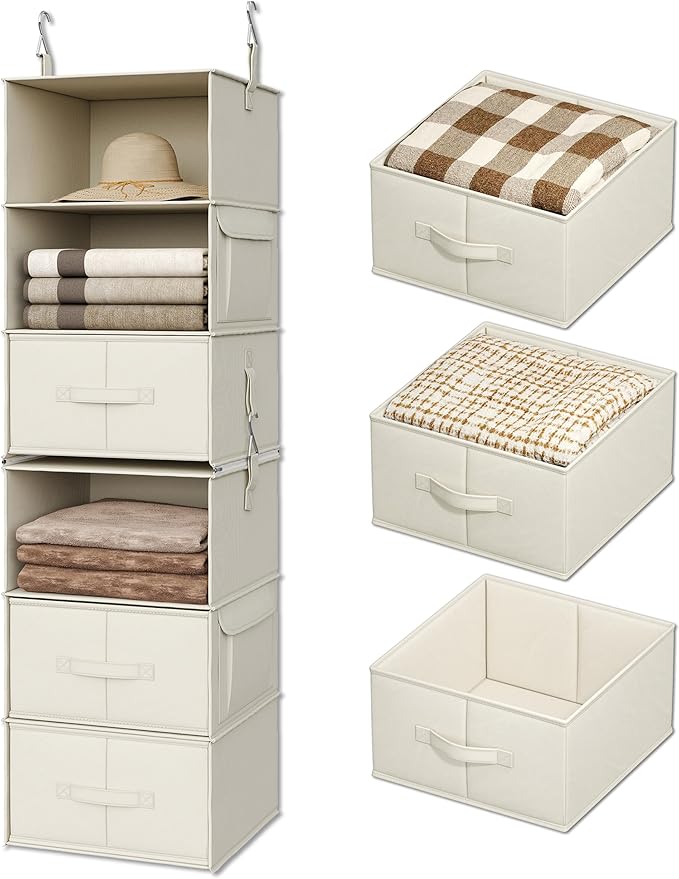 Foldable Fabric Storage Bins for Hanging Closet Organizer, 3-Pack Drawer Inserts for Clothes & Accessories, Beige