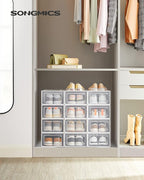 SONGMICS Shoe Boxes, Pack of 12 Shoe Storage Organizers, Stackable Clear Plastic Boxes for Closet, Sneakers, 13.1 x 9.1 x 5.6 Inches, Transparent and White ULSP12SWT