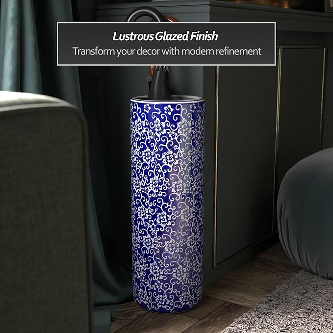 Red Lantern 24" White Flowers on Blue Umbrella Stand