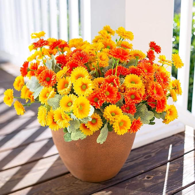 HyeFlora Dahlia Artificial Flowers for Outdoors Fake Plants Spring Decoration, 6 Bundles Realistic Silk Daisy UV Resistant Faux Flowers for Outdoor Planters Patio Porch Yard Garden Home, Orange Yellow