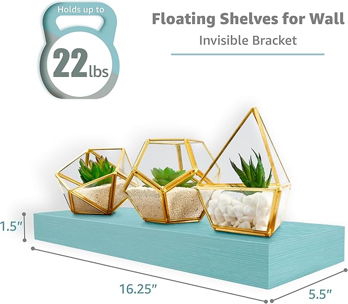 Sorbus Floating Shelves for Wall – 16 Inch Floating Shelf for Kitchen, Bedroom, Living Room, Bathroom, Home & Wall Decor - Mounted Bathroom Shelves with Invisible Brackets (Breezy Blue, 2 Pack)