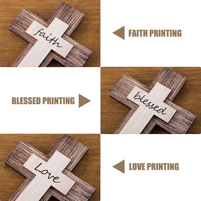 Yalikop 3 Pieces Wooden Cross Wall Decor Christians Cross Sign Faith Love Blessed Wooden Decoration Rustic Vintage Wall Art Religious Hanging Sign Inspirational Farmhouse Home Hanging Decor