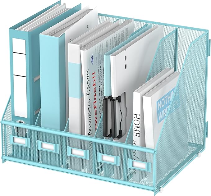 SUPEASY Desk Organizers Metal Desk Magazine File Holder with 5 Vertical Compartments Rack File Organizer for Office Desktop, Classroom, Home Workspace, Blue Plus
