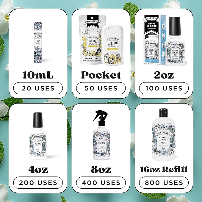 Poo-Pourri Before-You-Go Toilet Spray,Fresh Air,4 Fl Oz,Up to 200 Uses,Bathroom Odor Deodorizer,Plant-Based with Essential Oils,for Home or Work,Jasmine,Fresh Air and Mint Scent,(Pack of 2)