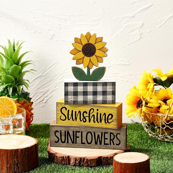 Yuntau 4 Pcs Sunflower Decorations Sunflower Wooden Sign Sunshine Table Centerpiece Summer Tiered Tray Decor Decorative Faux Book Stack Block for Coffee Table Fireplace Mantel Shelf Kitchen