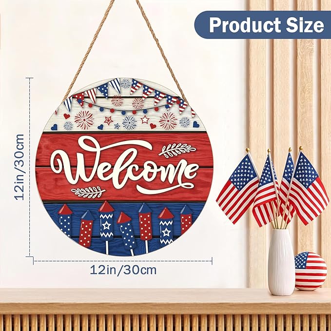Memorial Day Decorations Door Sign for Front Door, Independence Day Patriotic Wreaths Welcome Sign, Round Wood Hanging Door Sign for Memorial Day 4th of July Patriotic Wreaths Outdoor 12”x 12”