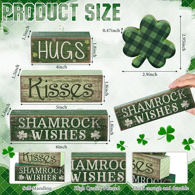 Lineshading 4 Pcs St. Patrick's Day Table Wooden Signs Hug Shamrocks Table Decoration Green St. Patrick Striped Tiered Tray Decor Irish Themed Centerpiece for Farmhouse Holiday Tabletop Home Decor